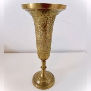 Vintage Floral Etched Brass Vase Made in India